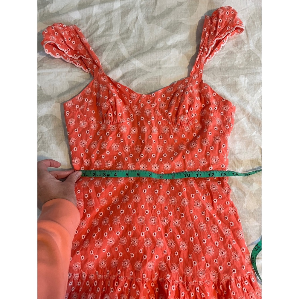 Betsey Johnson Coral Pink Eyelet Floral Mini Dress Ruffle Sleeve Small - Picture 7 of 12